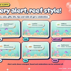 Fish Tank alert cards for follows, subs, gift subs, cheers, tips and raids, shown enlarged.