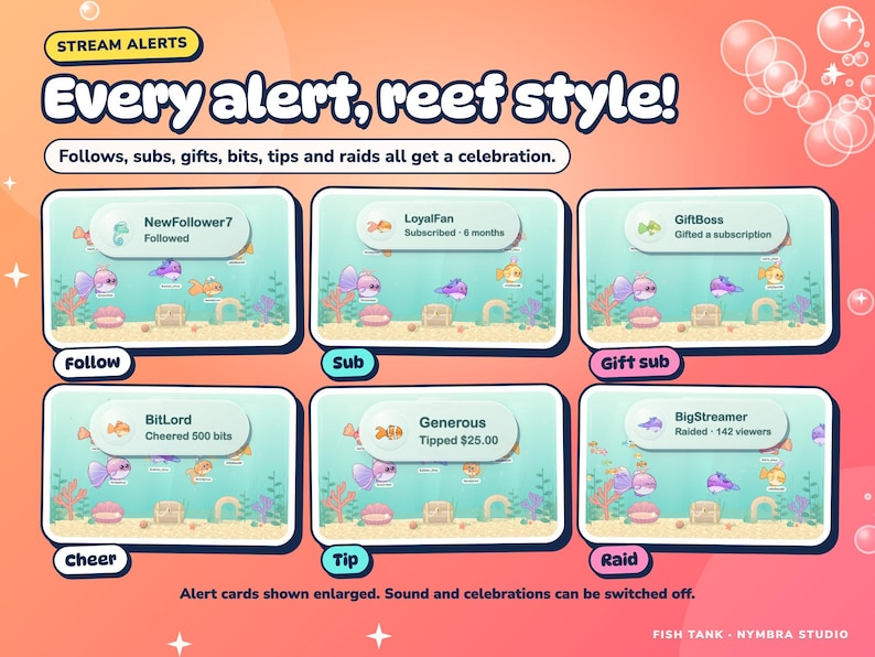 Fish Tank alert cards for follows, subs, gift subs, cheers, tips and raids, shown enlarged.
