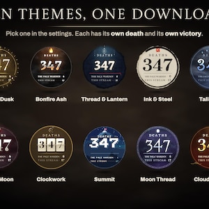 All ten Ashen Tally themes as crests: Gilded Dusk, Bonfire Ash, Thread & Lantern, Ink & Steel, Talisman, Blood Moon, Clockwork, Summit, Moon Thread and Cloud & Gold, each with its own death and victory.
