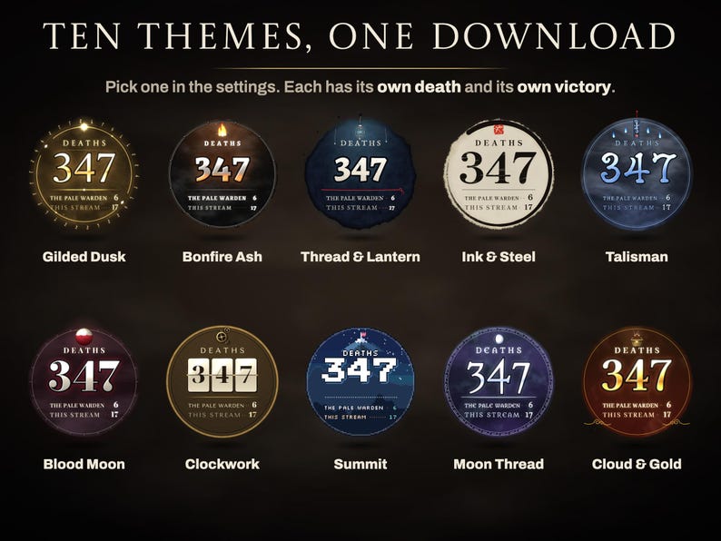 All ten Ashen Tally themes as crests: Gilded Dusk, Bonfire Ash, Thread & Lantern, Ink & Steel, Talisman, Blood Moon, Clockwork, Summit, Moon Thread and Cloud & Gold, each with its own death and victory.