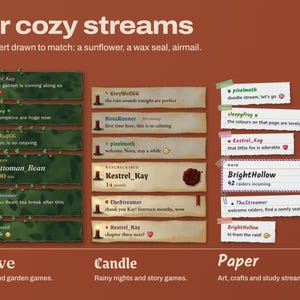 Chorus animated chat widget in three cozy templates on a terracotta background: Grove, green handmade paper with ivy and a sunflower cheer alert; Candle, candlelit parchment with a wax seal resub alert; and Paper, notebook paper with washi tape and an airmail raid alert, each a real chat with the template's name in its own font.