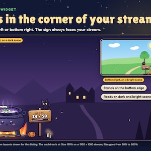 Brewhaha Halloween goal widget standing in the bottom-left corner of an example night stream, with a smaller example of the bottom-right corner on a bright scene.
