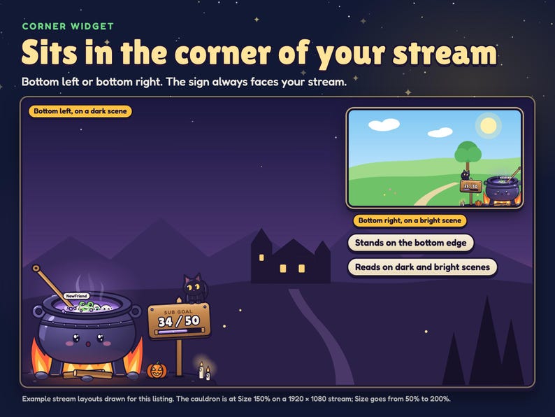 Brewhaha Halloween goal widget standing in the bottom-left corner of an example night stream, with a smaller example of the bottom-right corner on a bright scene.