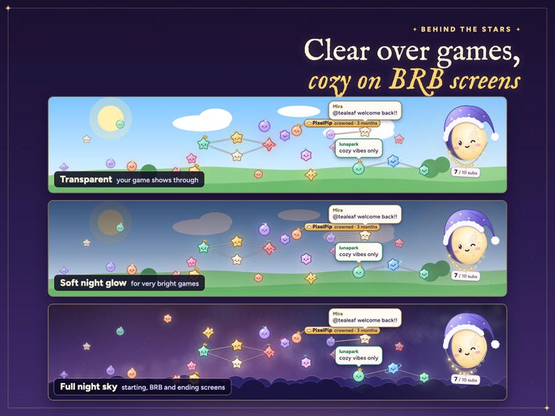 The three Starlings twitch chat overlay backgrounds: Transparent and Soft night glow over an example bright game, and the Full night sky for BRB screens.