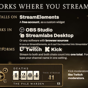 Where Ashen Tally works: installs on a free StreamElements account as a custom widget, shows in OBS Studio or Streamlabs Desktop as a browser source, and counts from Twitch and Kick chat into one total.