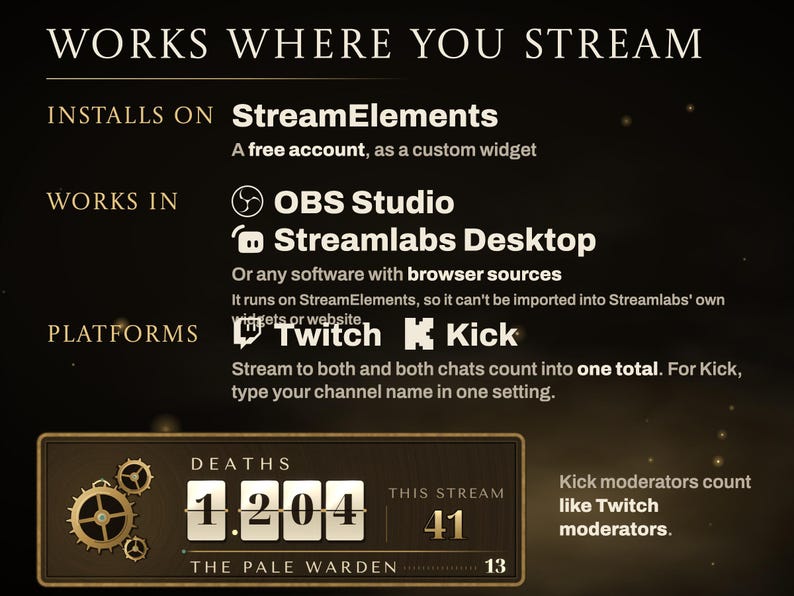 Where Ashen Tally works: installs on a free StreamElements account as a custom widget, shows in OBS Studio or Streamlabs Desktop as a browser source, and counts from Twitch and Kick chat into one total.