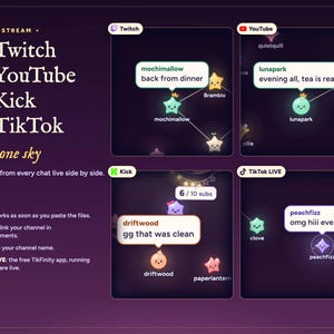Starlings multistream chat overlay: viewers from Twitch, YouTube, Kick and TikTok LIVE side by side in one sky.
