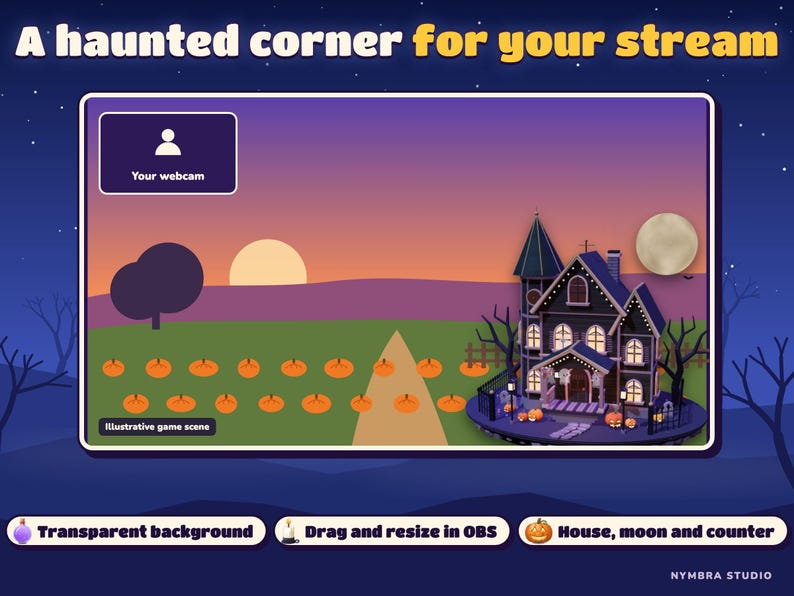 The house with its goal counter in the corner of an illustrative game scene, beside a webcam spot.