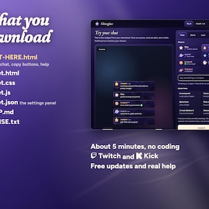The Moonglass download: START-HERE.html with the practice chat, the four widget files, SETUP.md and LICENSE.txt; about 5 minutes, no coding, for Twitch and Kick.