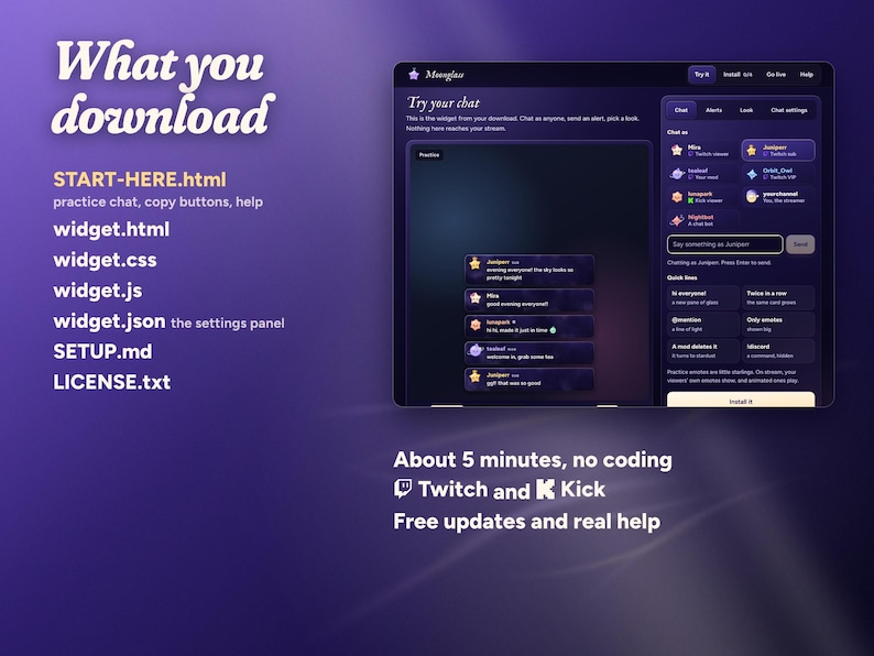 The Moonglass download: START-HERE.html with the practice chat, the four widget files, SETUP.md and LICENSE.txt; about 5 minutes, no coding, for Twitch and Kick.
