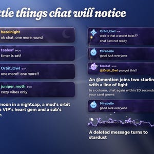 Moonglass details: the streamer's moon in a nightcap, a mod's orbit ring, a VIP's heart gem and a sub's crown, an @mention joining two starlings with a line of light, and a deleted message turning to stardust.