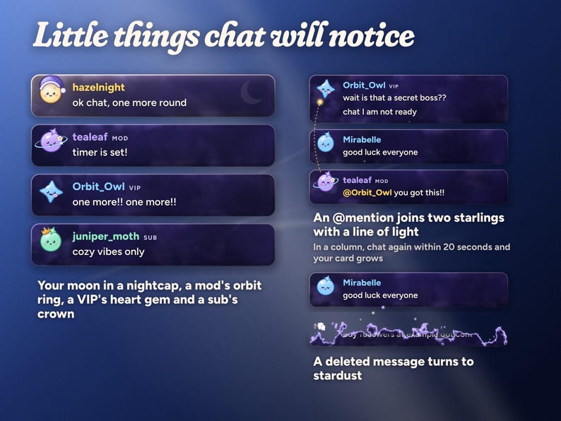 Moonglass details: the streamer's moon in a nightcap, a mod's orbit ring, a VIP's heart gem and a sub's crown, an @mention joining two starlings with a line of light, and a deleted message turning to stardust.