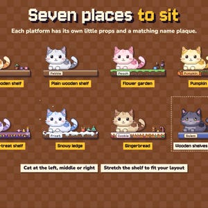 Może przedstawiać: Grafika cyfrowa zatytułowana Seven places to sit, przedstawiająca osiem kot&oacute;w w stylu pixel art na indywidualnych platformach z tabliczkami znamionowymi. Platformy obejmują drewnianą p&oacute;łkę, ogr&oacute;d kwiatowy, pole dyniowe, p&oacute;łkę na Halloween, zaśnieżony gzyms oraz p&oacute;łkę z piernika.