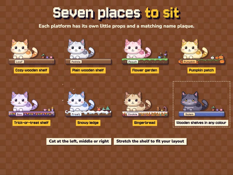 Może przedstawiać: Grafika cyfrowa zatytułowana Seven places to sit, przedstawiająca osiem kot&oacute;w w stylu pixel art na indywidualnych platformach z tabliczkami znamionowymi. Platformy obejmują drewnianą p&oacute;łkę, ogr&oacute;d kwiatowy, pole dyniowe, p&oacute;łkę na Halloween, zaśnieżony gzyms oraz p&oacute;łkę z piernika.