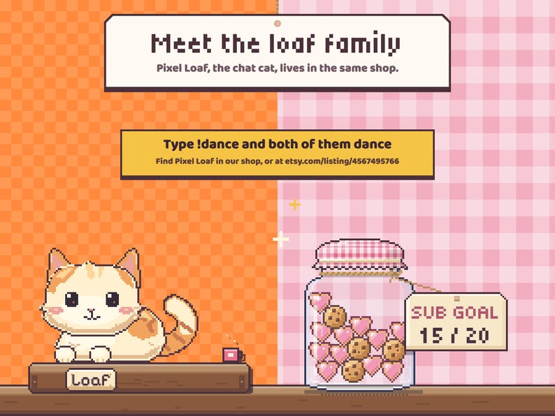 Meet the loaf family: Pixel Loaf the chat cat and Loaf Jar on one shelf, both dancing to !dance, with a note that Pixel Loaf is in the same shop.
