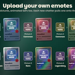 Upload your own emotes: the six Picture settings, each shown as an upload slot reading Your emote here, three at Common, one Uncommon, one Rare and one animated at Legendary, each beside the holographic card the widget prints with it in its rarity's frame. Up to 6 pictures, animated GIFs too.