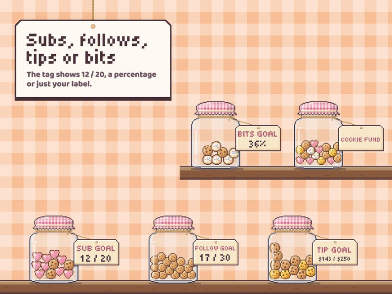 Loaf Jar goal tag for subs, follows, tips, bits as a percentage, and a custom label on its own.