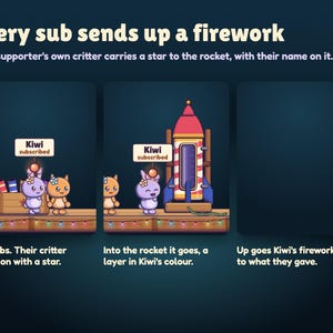 Every sub sends up a firework in Launchlings: Kiwi subscribes and their bunny climbs on with a star and a name card, lobs it into the rocket as a layer in Kiwi's colour, and Kiwi's own firework goes up.
