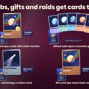 Subs, gifts and raids get cards too: a sub stamps a seal with 7 months, five gifted subs open a booster pack, a raid of 284 brings a visitor card, and 500 bits show the cheerer's card.