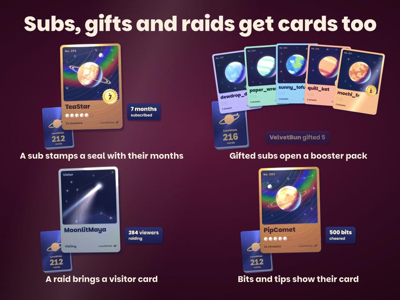 Subs, gifts and raids get cards too: a sub stamps a seal with 7 months, five gifted subs open a booster pack, a raid of 284 brings a visitor card, and 500 bits show the cheerer's card.
