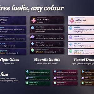 The same Moonglass chat in its three themes, Night Glass, Moonlit Gothic and Pastel Dawn, and Night Glass turned teal, rose and gold with the Sky hue setting.