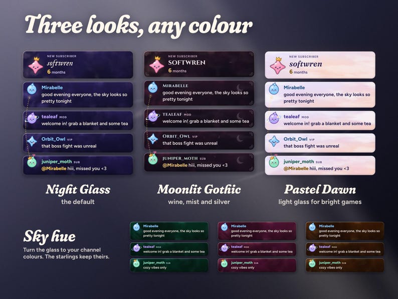 The same Moonglass chat in its three themes, Night Glass, Moonlit Gothic and Pastel Dawn, and Night Glass turned teal, rose and gold with the Sky hue setting.