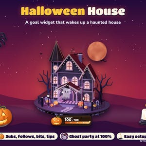 Halloween House goal widget for Twitch and StreamElements: a 3D haunted house under a blood moon with a ghost party and a sub goal counter.