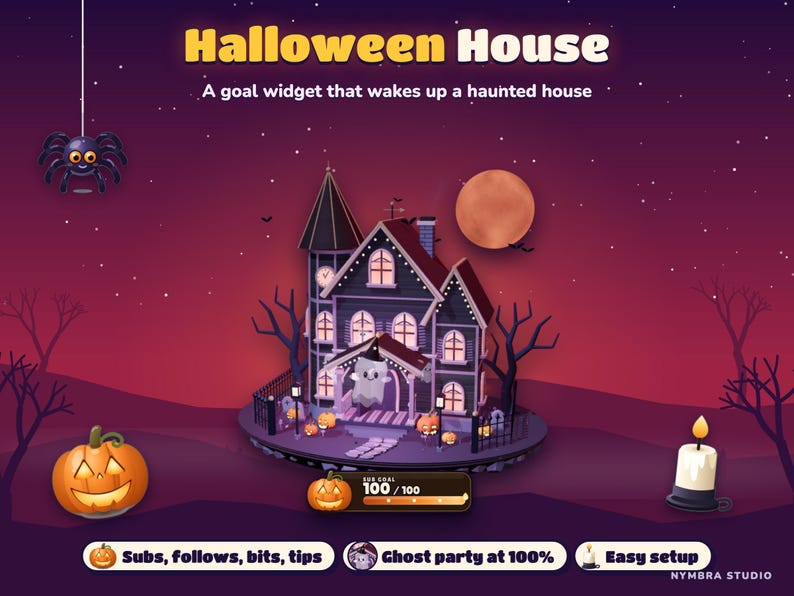 Halloween House goal widget for Twitch and StreamElements: a 3D haunted house under a blood moon with a ghost party and a sub goal counter.