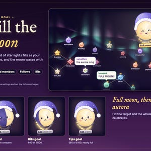 Starlings twitch chat overlay with a moon sub goal: the sleepy moon fills as the garland of star lights counts up, shown for subs, bits and tips, with the full moon and aurora.