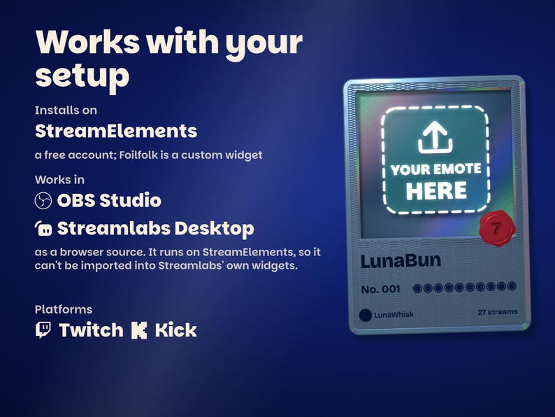 Works with your setup: installs on StreamElements with a free account, works in OBS Studio and Streamlabs Desktop as a browser source, on Twitch and Kick, beside a card whose picture is an upload slot reading Your emote here.
