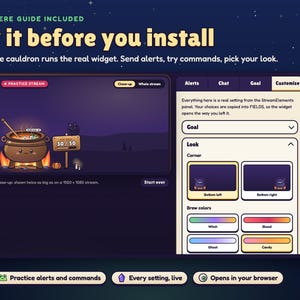 The included START HERE guide: a practice cauldron running the real widget beside the Customize tab with corner and brew color choices.
