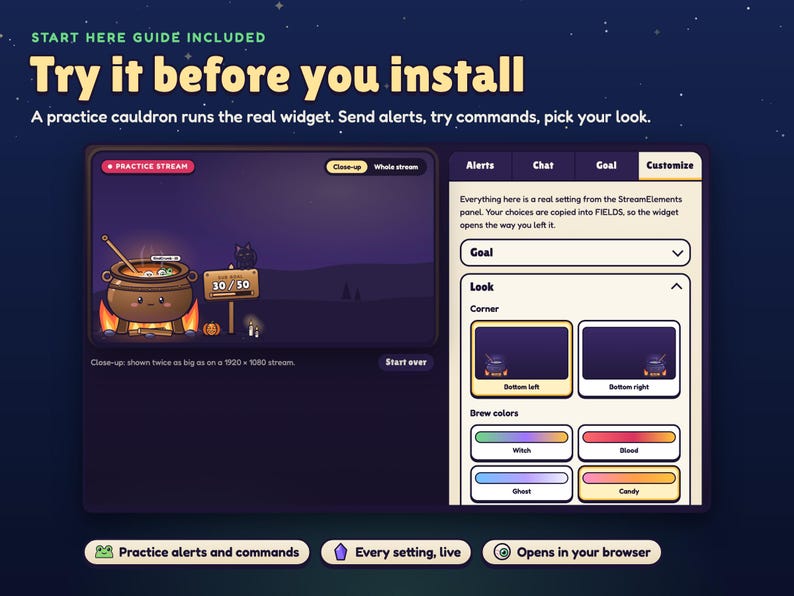 The included START HERE guide: a practice cauldron running the real widget beside the Customize tab with corner and brew color choices.