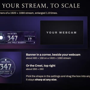 Ashen Tally to scale in two corners of a 1920 x 1080 stream: the Moon Thread banner at about 480 x 158 beside a YOUR WEBCAM box, or the crest at about 260 x 260 in the top right.
