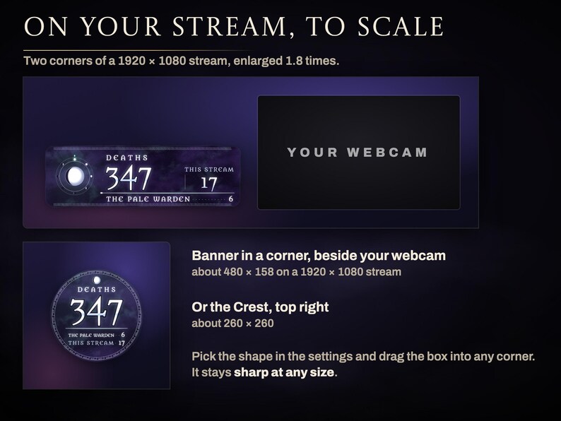 Ashen Tally to scale in two corners of a 1920 x 1080 stream: the Moon Thread banner at about 480 x 158 beside a YOUR WEBCAM box, or the crest at about 260 x 260 in the top right.