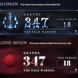 Talisman and Blood Moon banners mid-death: the number returning through blue spirit fire beside a paper charm, and blood running from the number under a red moon.