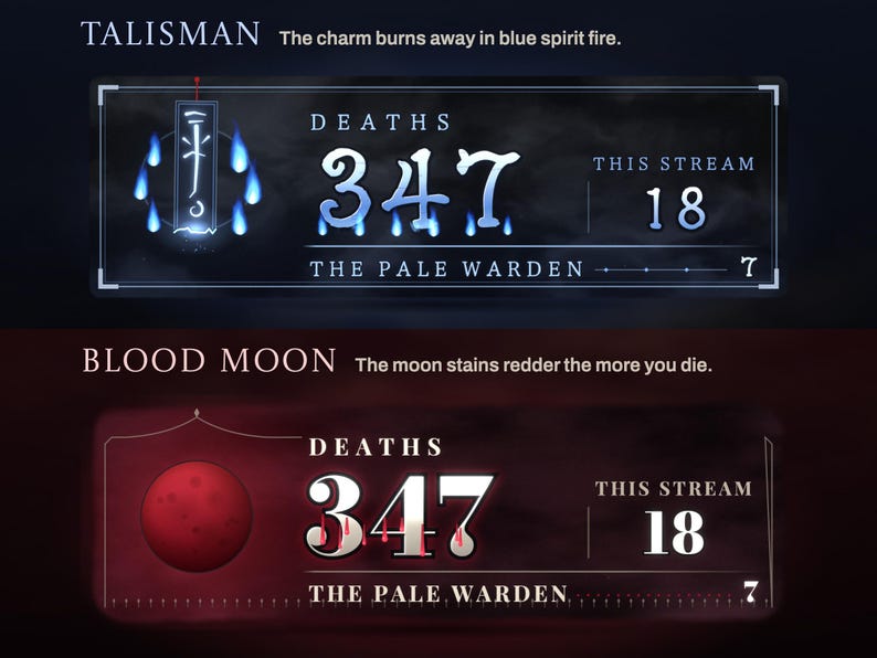 Talisman and Blood Moon banners mid-death: the number returning through blue spirit fire beside a paper charm, and blood running from the number under a red moon.