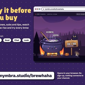 Brewhaha live demo at nymbra.studio/brewhaha, the cauldron goal bubbling on a practice stream