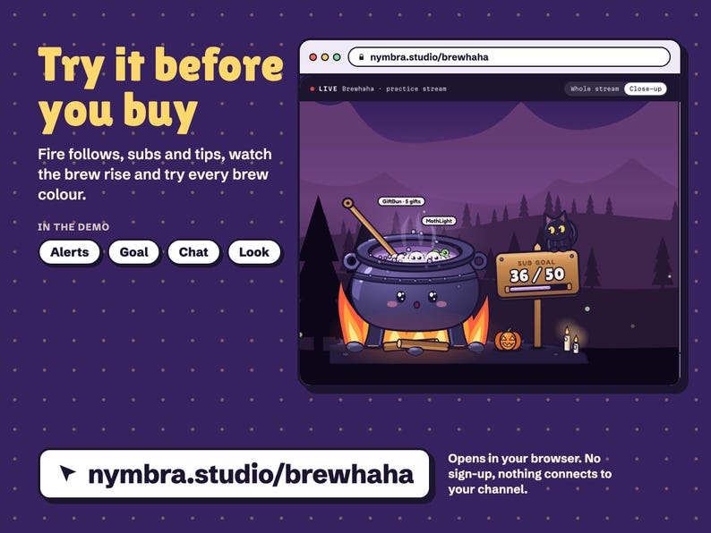 Brewhaha live demo at nymbra.studio/brewhaha, the cauldron goal bubbling on a practice stream