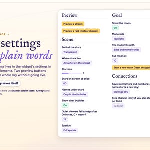 The 17 Starlings twitch chat overlay settings in StreamElements with their defaults, including the Preview a stream and Preview a raid buttons.