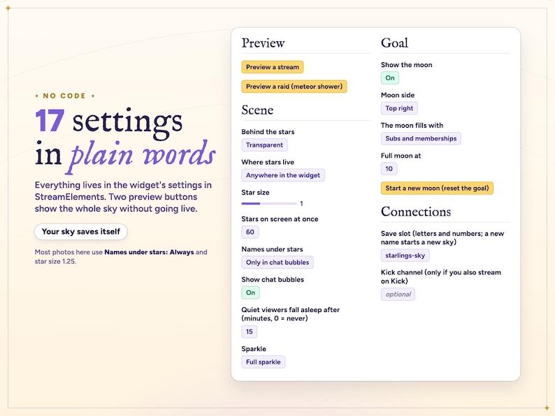 The 17 Starlings twitch chat overlay settings in StreamElements with their defaults, including the Preview a stream and Preview a raid buttons.