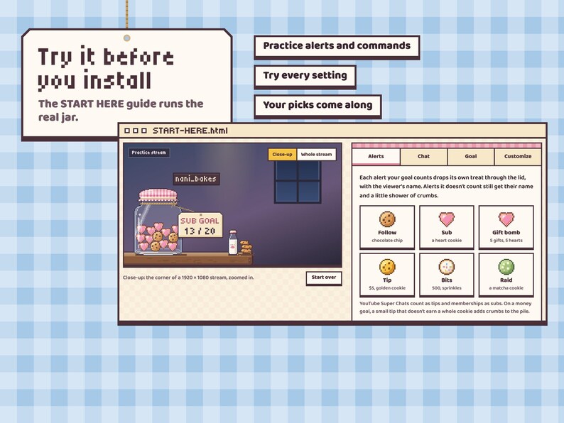 The included START HERE guide: a practice jar running the real widget beside its practice alert buttons.