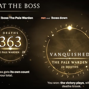 Boss tracking: !boss The Pale Warden puts the boss and its 23 deaths under the total in the Gilded Dusk crest, and !boss down plays VANQUISHED, The Pale Warden, 23 deaths.