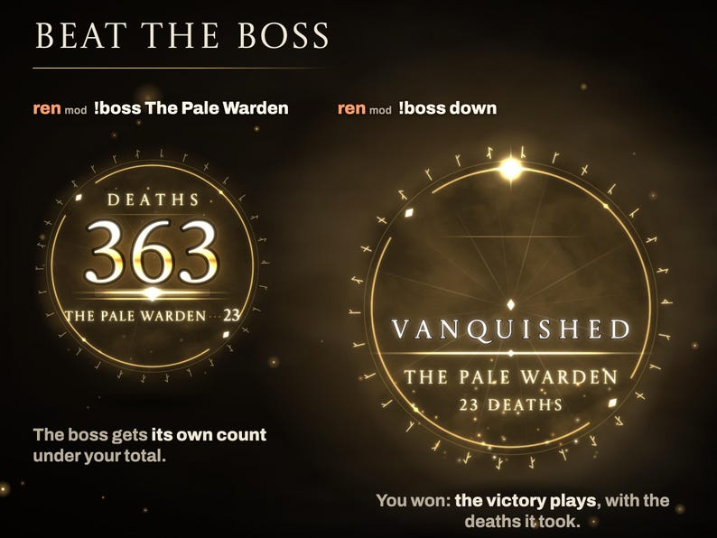 Boss tracking: !boss The Pale Warden puts the boss and its 23 deaths under the total in the Gilded Dusk crest, and !boss down plays VANQUISHED, The Pale Warden, 23 deaths.