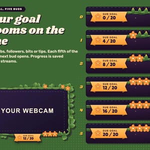 Halloween reactive webcam overlay. The sub goal banner from 0 of 20 to 20 of 20, with the five buds on the vine opening one by one.