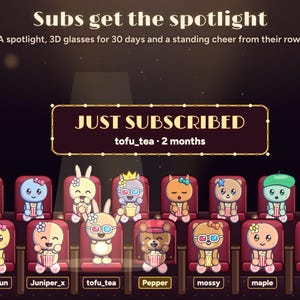 A Seatlings sub alert: JUST SUBSCRIBED, tofu_tea, 2 months, with a spotlight on their seat, 3D glasses for 30 days and a standing cheer from the row, beside the streamer's mascot Pepper.