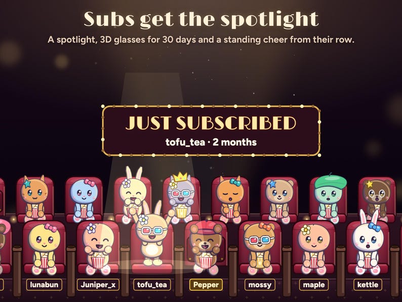 A Seatlings sub alert: JUST SUBSCRIBED, tofu_tea, 2 months, with a spotlight on their seat, 3D glasses for 30 days and a standing cheer from the row, beside the streamer's mascot Pepper.