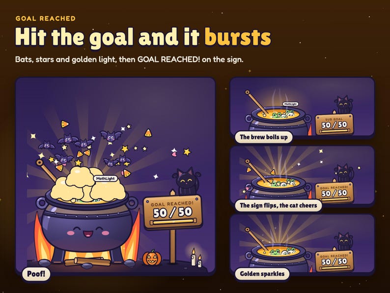 Brewhaha goal celebration: the brew boils up, bursts in a puff with bats and stars, the sign flips to GOAL REACHED! and golden sparkles rise.