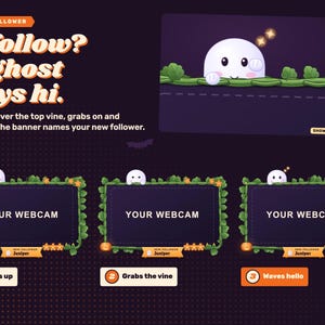 Halloween reactive webcam overlay. A new follower makes a ghost peek up, grab the vine and wave, shown in three steps and enlarged.