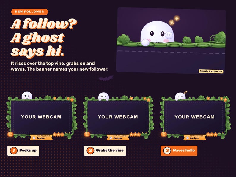 Halloween reactive webcam overlay. A new follower makes a ghost peek up, grab the vine and wave, shown in three steps and enlarged.