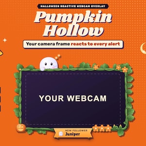 Pumpkin Hollow Halloween reactive webcam overlay: a pumpkin-vine frame around a webcam with a ghost peeking over the top and waving for a new follower named in the banner below.